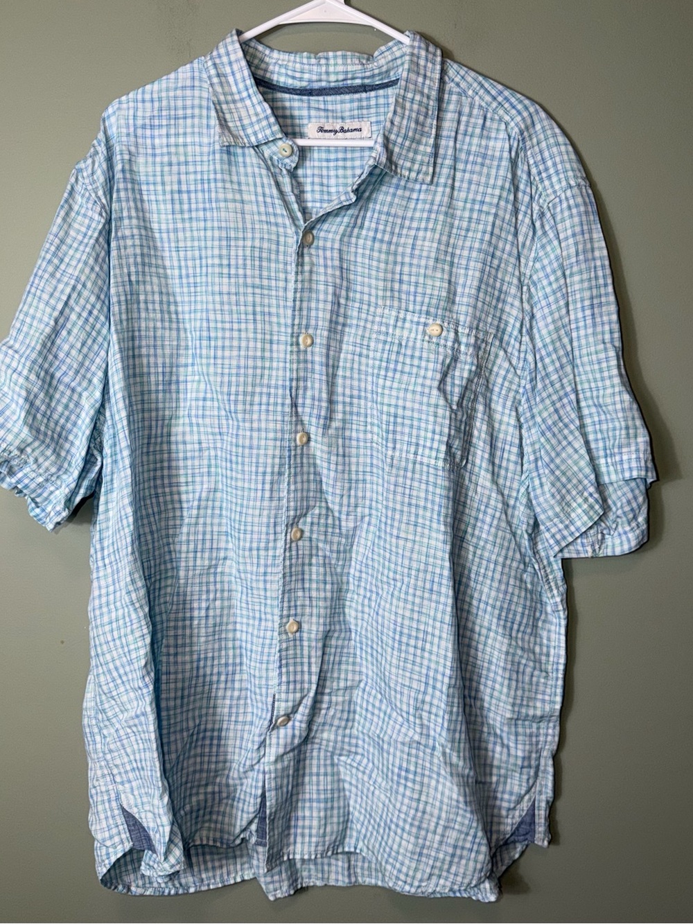 Tommy Bahama Men’s Linen Blend LBlue Plaid Short-Sleeve Button-Up Shirt XXL